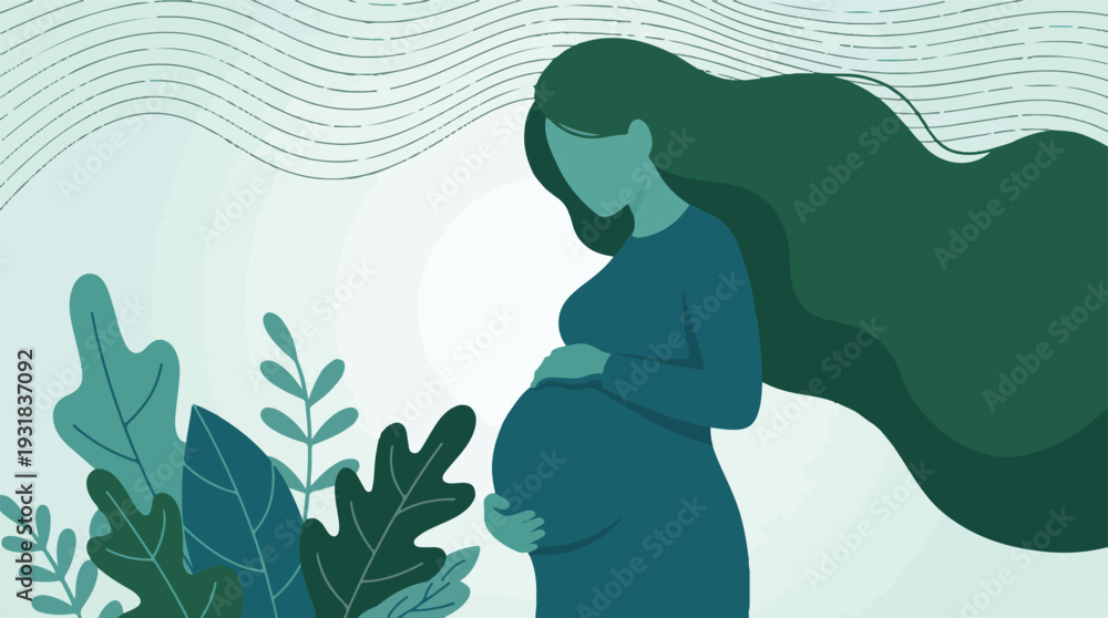 Fototapeta premium Expectant mother surrounded by natural elements, minimalist illustration
