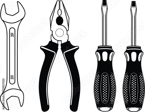 Hand tools set silhouette illustration, wrench pliers and screwdrivers vector collection isolated on white background, repair equipment clipart bundle