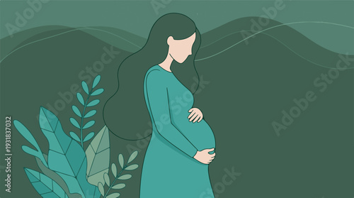 Expectant mother embracing her pregnant belly in a serene natural setting