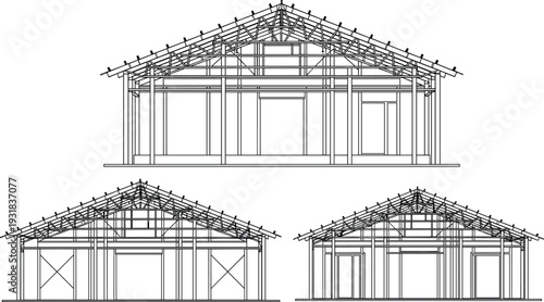 House construction blueprint elevation set, architectural framing structure drawing, residential building vector illustration with roof truss details isolated on light background