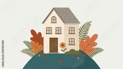 Charming autumn house illustration with colorful fall foliage and nature elements