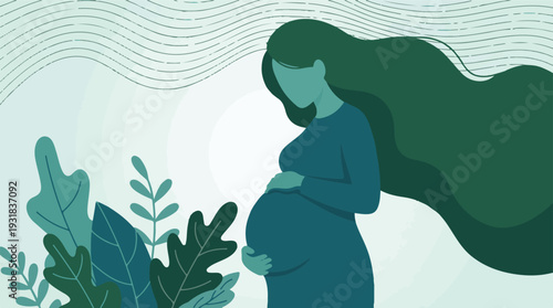 Expectant mother surrounded by natural elements, minimalist illustration