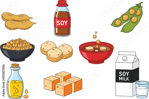 Soy food and ingredient illustration set featuring soybeans, tofu, soy milk, soy sauce and processed soy products, flat vector collection isolated on white background