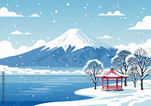 Vector Illustration of Snowy Mountain Landscape with Red Gazebo, Bare Trees, and Calm Lake in Winter Scene