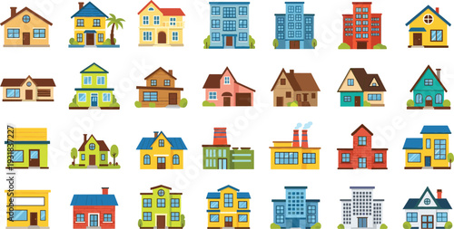 House and building illustration set featuring residential homes, apartments and city architecture icons, colorful flat vector collection isolated on white background