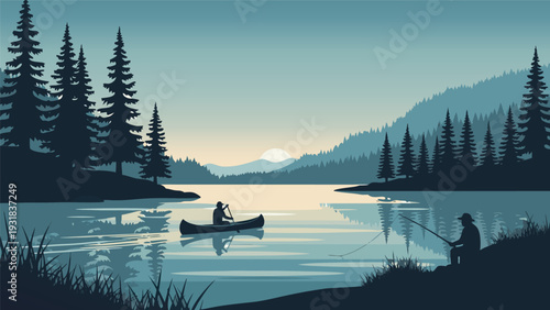 Serene Lake at Sunset with Canoe and Fisherman - Vector Illustration