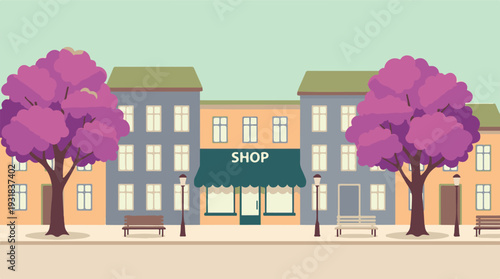 Minimalist illustration of a vibrant street with a shop, buildings, and trees