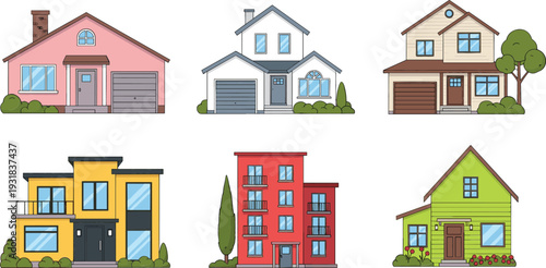 Residential house and apartment building illustration set featuring modern homes, family houses and urban apartments, flat vector collection isolated on white background
