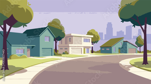 Suburban neighborhood with modern houses, trees, and distant city skyline
