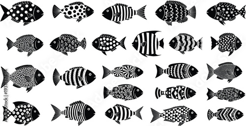 Black and white fish illustration set with decorative patterns, hand drawn aquatic animal silhouettes, graphic vector collection isolated on white background