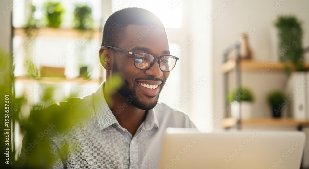 Naklejka premium Cheerful black man with glasses smiling while working in a bright home office