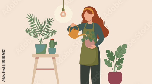 Woman watering houseplants in a minimalist home, flat illustration