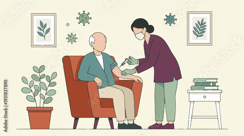 Healthcare worker vaccinates senior man at home, pandemic concept