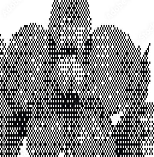 Abstract Black and White Dithered Geometric Orchid Flower Illustration with Retro Pixel Art Aesthetic and Halftone Pattern Style