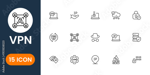 Flat VPN icon collection with encrypted connection, online privacy and cybersecurity symbols clean modern vector set