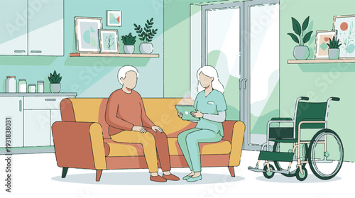 Home healthcare consultation: nurse with tablet assisting senior man on couch, wheelchair nearby.