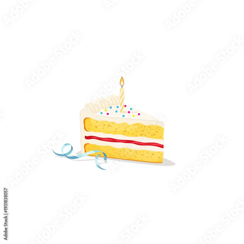 A slice of yellow cake with white frosting and colorful sprinkles