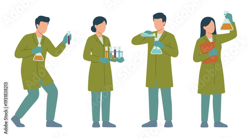 Scientists in lab coats conducting experiments with laboratory equipment
