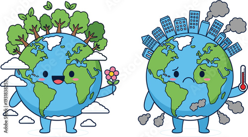 Cute Earth Character Comparison Healthy Green Planet and Polluted Global Warming Concept Vector Illustration