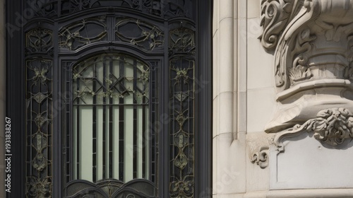 nouveau. An Art Nouveau style door with geometric and floral motifs next to ornate Baroque architecture. real-estate listings.
