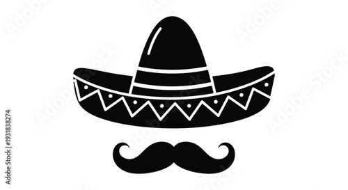 A striking black silhouette depicts a traditional mexican sombrero and mustache creating a cultural icon silhouette high quality professional detailed modern
