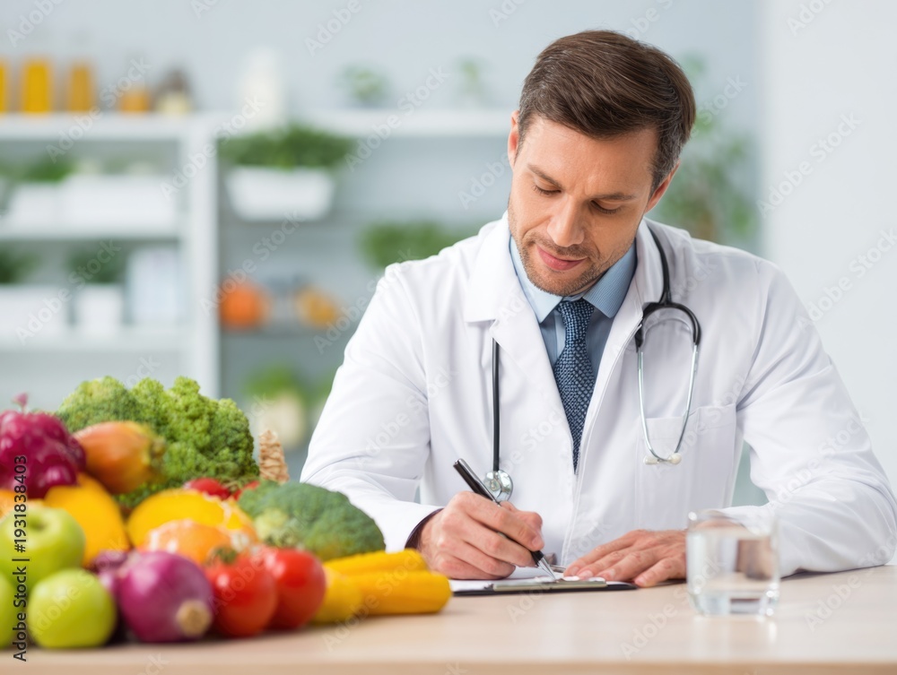 Fototapeta premium Young male nutritionist making notes using tablet. AI Generated