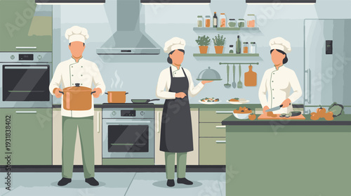 Professional chefs team cooking and preparing healthy food in a modern kitchen