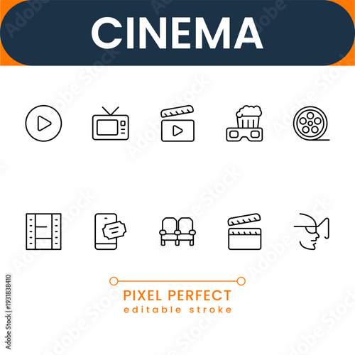 Flat cinema icon collection with movie production, theater equipment and entertainment symbols clean modern vector set