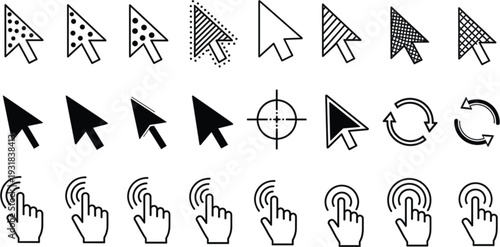 Large set of computer mouse cursor arrow icons click hand pointers loading symbols and UI design elements for web