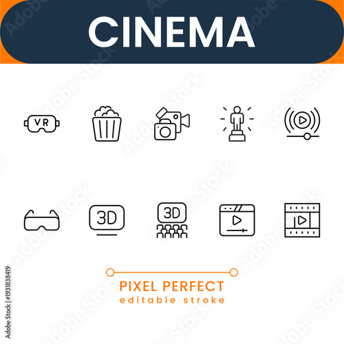 Flat cinema icon collection with movie production, theater equipment and entertainment symbols clean modern vector set