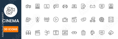 Modern cinema icon set vector collection with movie theater, film production and entertainment symbols flat design for web and print