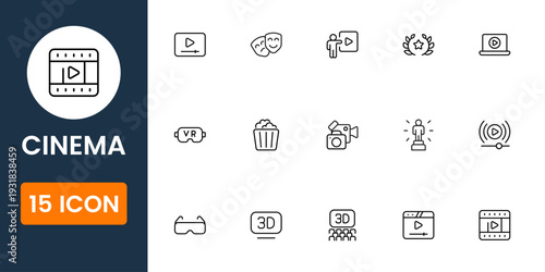 Professional movie and cinema icon pack featuring film production, theater equipment and entertainment symbols vector illustration