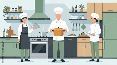 Professional chefs cooking in a modern kitchen, culinary team preparing food