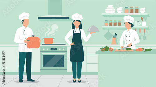 Professional chefs preparing delicious food in a modern kitchen team