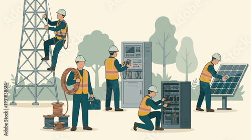 Energy workers maintaining power grid infrastructure and solar panels