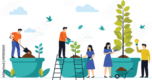 Teamwork business growth concept, people nurturing plant in pot vector illustration, corporate success development and sustainable progress strategy