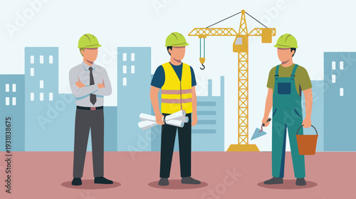 Construction workers and engineer team with hard hats on building site