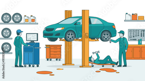 Mechanics performing car repair and diagnostics in an auto service garage