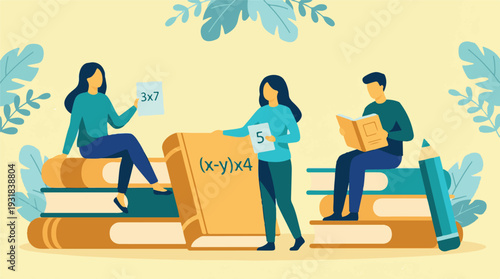 Students learning mathematics and reading books, an educational concept