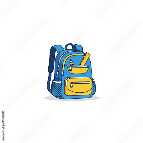 A blue and yellow backpack with a front pocket