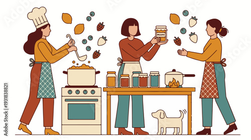 Women making homemade fruit preserves and jam in kitchen, cooking concept.