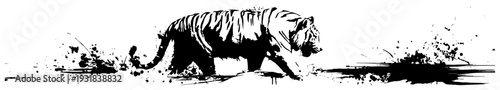 Majestic walking tiger silhouette with artistic black ink spray and grunge textures