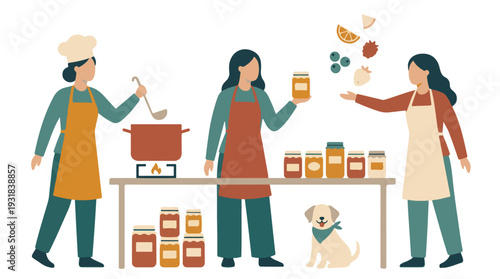 Women making homemade fruit preserves and canning jam in a rustic kitchen