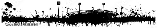 Panoramic sports stadium silhouette with floodlights and artistic ink splash effects