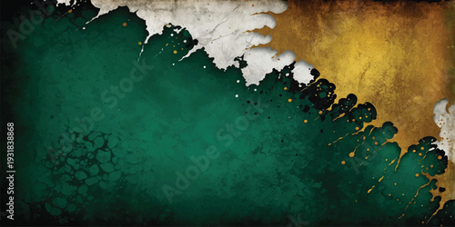 Abstract Green and Gold Grunge Texture Background with Distressed White Paint Edge and Rustic Surface Detail.