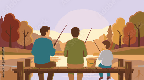 Family fishing on a pier at sunset in autumn, enjoying nature and leisure