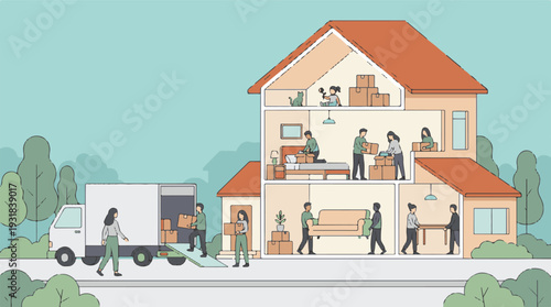 Family moving into a new house, unpacking boxes and furniture