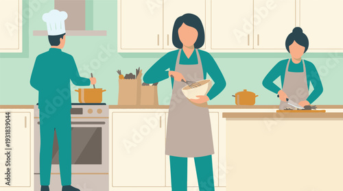 Diverse group of people cooking together in a clean, modern kitchen