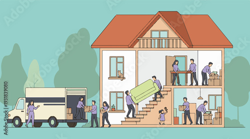Illustration of a family moving into a new house with a moving truck