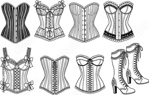 Vintage corset collection vector illustration, lace up lingerie and Victorian style bustier set in detailed black and white line art
